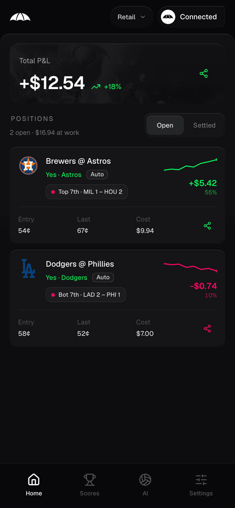 Rainmaker mobile dashboard: total P&L and live positions